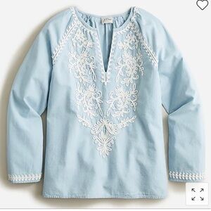 J. Crew Chambray V-neck top Blouse with White Embroidery